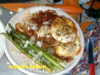 Cabbage-ettie with eggs and fresh Asparagus.