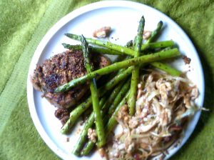 Whole  Mustard Coated Pork Chops with Asparagus and Cabbage Salad with Walnuts and Red Onion